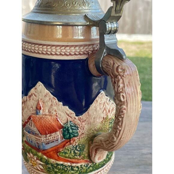 Vintage German Beer Stein Handmade Handpainted Pewter Lid Ramstein Pfalz Town - Picture 13 of 15